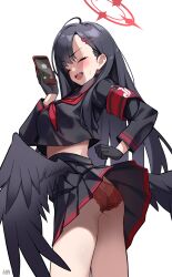 Rule 34 | 1girl, armband, black hair, black sailor collar, black serafuku, black skirt, black wings, blue archive, cellphone, closed eyes, feathered wings, hair ornament, hairclip, halo, highres, holding, holding phone, ichika (blue archive), long hair, low wings, neckerchief, open mouth, panties, phone, pleated skirt, red armband, red halo, red neckerchief, red panties, sailor collar, school uniform, serafuku, skirt, smartphone, underwear, wings, yoshida pino