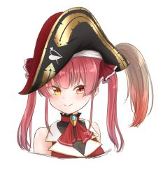 Rule 34 | 1girl, bicorne, breasts, brooch, cake506, cleavage, cropped torso, hair ribbon, hat, heart, heterochromia, highres, hololive, houshou marine, jewelry, long hair, looking at viewer, red eyes, red hair, red neckwear, red vest, ribbon, see-through, see-through cleavage, simple background, sleeveless, solo, twintails, upper body, vest, virtual youtuber, white background, yellow eyes