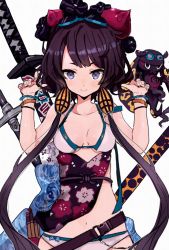 Rule 34 | 1girl, bare shoulders, belt, bikini, breasts, fate/grand order, fate (series), floral print, goggles, goggles on head, hachi (hachihiro), hair ornament, highres, katana, katsushika hokusai (fate), katsushika hokusai (swimsuit saber) (fate), looking at viewer, octopus, purple hair, sheath, sheathed, small breasts, smile, swimsuit, sword, weapon, white bikini