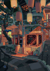 Rule 34 | air conditioner, box, building, cardboard box, chair, city, commentary, crt, drain (object), english commentary, evening, lantern, no humans, original, outdoors, paper lantern, pixel art, scenery, shop, sign, table, tree, waneella