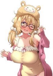 Rule 34 | 1girl, ;d, animal ear headwear, animare, armpits, atahuta, bare shoulders, bespectacled, black-framed eyewear, blonde hair, blush, breasts, claw pose, cleavage, collarbone, covered navel, cowboy shot, dress, fake animal ears, frills, full-face blush, glasses, hair ornament, hand up, highres, inaba haneru (animare), jacket, large breasts, leaning forward, long hair, looking at viewer, low twintails, nanashi inc., off shoulder, one eye closed, open clothes, open jacket, open mouth, pom pom (clothes), purple jacket, smile, solo, transparent background, twintails, upper body, virtual youtuber, wink, yellow dress, yellow eyes