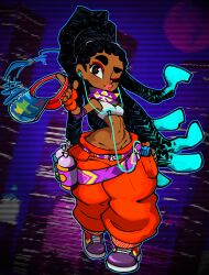 Rule 34 | 1girl, absurdres, alternate costume, aqua nails, baggy pants, bandana around arm, bandana around neck, bare hips, belly, belt, black hair, blurry, blurry background, brown eyes, cassette player, colored tips, commission, crop top, dark-skinned female, dark skin, dreadlocks, earphones, eyeliner, fingerless gloves, gloves, groin, hat, highres, holding, holding clothes, holding hat, jellot, kimberly jackson, long hair, lowleg, lowleg pants, midriff, multicolored hair, navel, no panties, non-web source, pants, pink lips, puckered lips, red eyeliner, shoes, sleeveless, sneakers, solo, spray can, stomach, street fighter, street fighter 6, very long hair