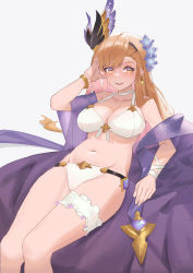 Rule 34 | 1girl, absurdres, bad id, bad pixiv id, bandaged arm, bandages, bikini, black hairband, bracelet, breasts, brown eyes, brown hair, cleavage, flower, gem, granblue fantasy, hair flower, hair ornament, hairband, hand in own hair, head wings, highres, jewelry, jmao, large breasts, long hair, looking at viewer, lying, navel, on back, open mouth, simple background, solo, stomach, swimsuit, teeth, thigh strap, tweyen (eternal&#039;s summer vacation) (granblue fantasy), tweyen (granblue fantasy), upper teeth only, white background, white bikini, wings