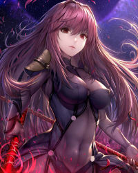 Rule 34 | 1girl, armor, bodysuit, breasts, covered erect nipples, covered navel, dual wielding, fate/grand order, fate (series), gae bolg (fate), hisahisahisahisa, holding, lips, long hair, md5 mismatch, medium breasts, pauldrons, polearm, purple bodysuit, red eyes, red hair, resolution mismatch, revision, scathach (fate), shoulder armor, skin tight, solo, source larger, spear, standing, weapon