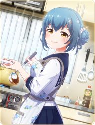 Rule 34 | 10s, 1girl, alternate hairstyle, apron, battle girl high school, blue hair, blue skirt, blush, bottle, cabinet, closed mouth, cooking, diffraction spikes, dutch angle, floral print, flower, fortissimo, from side, glint, hair flower, hair ornament, holding, indoors, kitchen, kitchen hood, kunieda shiho, ladle, lens flare, looking at viewer, musical note, musical note hair ornament, official art, pleated skirt, pot, school uniform, shirt, skirt, smile, solo, sparkle, spatula, stove, white shirt, window, yellow eyes