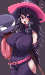 Rule 34 | 1girl, @ @, breasts, covered erect nipples, creatures (company), game freak, gen 1 pokemon, hat, haunter, hex maniac (pokemon), highres, huge breasts, nintendo, pokemon, pokemon (creature), pokemon xy, purple eyes, purple hair, silver queen (silverqueen0), tongue, witch hat