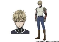 Rule 34 | 1boy, black sclera, blonde hair, boots, colored sclera, concept art, cyborg, earrings, genos, jewelry, official art, one-punch man, serious, simple background, spiked hair, yellow eyes