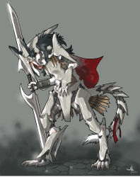 Rule 34 | androgynous, armor, cape, claws, fantasy, full body, furry, gender request, gradient background, multicolored hair, open mouth, rain silves, sergal, solo, sword, tail, tongue, trancy mick, weapon, yellow eyes