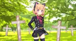Rule 34 | 1girl, absurdres, blonde hair, blue archive, commission, cross, forest, gloves, grass, green eyes, highres, kiniro tofu, momoi (blue archive), nature, owari no seraph, pink eyes, ribbon, shoes, tree, uniform