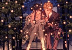 Rule 34 | 1boy, 1girl, alcohol, black hair, blonde hair, chaoxibumian, cup, drinking glass, formal, highres, jewelry, necklace, rain, red eyes, red hair, sitting, spy x family, suit, twilight (spy x family), umbrella, wine, wine glass, yor briar