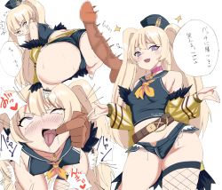 Rule 34 | 1girl, 1other, ass, azur lane, bache (azur lane), bare shoulders, belt, blush, breasts, cameltoe, censored, closed mouth, dark skin, detached sleeves, finger in another&#039;s mouth, fish hook, fishnet thighhighs, fishnets, long hair, looking back, mo kuzu (pixiv40890344), mosaic censoring, multiple views, open mouth, penis, rolling eyes, sex, sex from behind, short shorts, shorts, simple background, single thighhigh, small breasts, solo focus, thighhighs, tongue, tongue out, v-shaped eyebrows, white background