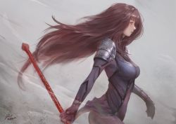 Rule 34 | 1girl, armor, bodysuit, breasts, fate/grand order, fate (series), from side, gae bolg (fate), holding, holding weapon, large breasts, long hair, pauldrons, polearm, purple bodysuit, purple hair, raikoart, red eyes, scathach (fate), shoulder armor, solo, spear, very long hair, weapon, wind, wind lift