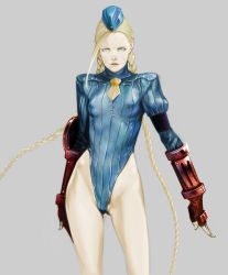 Rule 34 | 1990s (style), 1girl, armband, armor, bad id, bad pixiv id, blonde hair, blue eyes, blue leotard, braid, breasts, cammy white, capcom, covered erect nipples, cowboy shot, elbow gloves, fingerless gloves, flat chest, floating hair, garrison cap, gloves, grey background, groin, hat, highleg, highleg leotard, ikeda masateru, leotard, long sleeves, looking at viewer, necktie, parted lips, red gloves, retro artstyle, ribbed leotard, scar, simple background, small breasts, solo, standing, street fighter, street fighter ii (series), street fighter zero (series), thong leotard, turtleneck, twin braids, vambraces