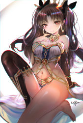 Rule 34 | 1girl, armlet, bare shoulders, black hair, black thighhighs, blush, breasts, cleavage, crown, earrings, fate/grand order, fate (series), hair ribbon, hoop earrings, ishtar (fate), jewelry, long hair, looking at viewer, mirutulove, navel, red eyes, ribbon, signature, single thighhigh, sitting, smile, solo, thighhighs, tohsaka rin