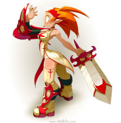 Rule 34 | 1girl, armor, boots, breasts, cross, greaves, halterneck, huge weapon, iop (wakfu), long hair, no pupils, orange hair, panties, pauldrons, pointy ears, shoulder armor, side slit, solo, sword, thigh boots, thighhighs, two side up, underwear, wakfu, weapon, white thighhighs, xaxaxa
