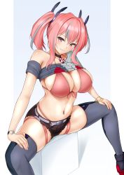 Rule 34 | 1girl, azur lane, bare shoulders, bikini, bikini under clothes, black choker, black shorts, blue hair, blush, bracelet, breasts, bremerton (azur lane), choker, cleavage, crop top, cube, front-tie bikini top, front-tie top, hair between eyes, hands on own legs, headgear, highres, jewelry, kamui aya, large breasts, lifebuoy ornament, long hair, looking at viewer, mole, mole on breast, mole under eye, multicolored hair, nail polish, navel, navel piercing, off-shoulder shirt, off shoulder, piercing, pink bikini, pink eyes, pink hair, shirt, shirt rolled up, short shorts, shorts, sideboob, sidelocks, sitting, skindentation, smile, solo, spread legs, streaked hair, swimsuit, thighhighs, thighs, twintails