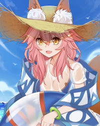 Rule 34 | 1girl, animal ears, bikini, bikini under clothes, blue bikini, breasts, cleavage, collarbone, day, ears through headwear, fang, fate/grand order, fate (series), fox ears, fox tail, hat, heridy, highres, innertube, large breasts, looking at viewer, ocean, open mouth, outdoors, pink hair, shirt, side-tie bikini bottom, solo, straw hat, swim ring, swimsuit, tail, tamamo (fate), tamamo no mae (fate/extra), tamamo no mae (swimsuit lancer) (fate), tamamo no mae (swimsuit lancer) (second ascension) (fate), wet, wet clothes, wet shirt, yellow eyes