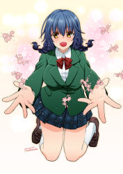 Rule 34 | 1girl, :d, blazer, blue hair, blush, bow, bowtie, braid, breasts, brown footwear, collared shirt, dated, flower, full body, green jacket, hair between eyes, jacket, jumping, large breasts, loafers, looking at viewer, low twin braids, medium hair, miniskirt, open mouth, original, pink flower, plaid, plaid skirt, pleated skirt, reaching, reaching towards viewer, red bow, red bowtie, shirt, shoes, signature, skirt, smile, socks, solo, takaha momo, twin braids, white shirt, white socks, yellow eyes