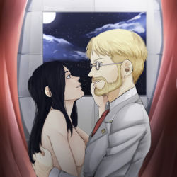 Rule 34 | 1boy, 1girl, black hair, blonde hair, blue eyes, breasts, clothed male nude female, couple, eye contact, facial hair, formal, frieda reiss, glasses, hands on another&#039;s face, hetero, highres, imminent kiss, long hair, looking at another, medium breasts, moon, night, night sky, nude, profile, shingeki no kyojin, short hair, sky, smile, time paradox, alternate universe, window, zeke yeager