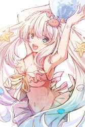 Rule 34 | 1girl, :d, armpits, arms up, ball, bikini, blue eyes, breasts, cleavage, fate/grand order, fate (series), holding, holding ball, large breasts, marie antoinette (fate), marie antoinette (fate/grand order), marie antoinette (swimsuit caster) (fate), miniskirt, mishiro (andante), neck ribbon, open mouth, pink bikini, pleated skirt, ribbon, skirt, smile, solo, standing, starfish hair ornament, striped ribbon, swimsuit, white background