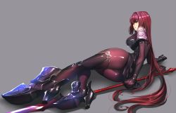 Rule 34 | arm behind back, armor, ass, fate/grand order, fate (series), full body, gae bolg (fate), hair intakes, highres, long hair, pauldrons, rahato, scathach (fate), shoulder armor, simple background, solo, very long hair