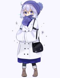 Rule 34 | 1girl, beanie, belt, black bag, black belt, black socks, blue eyes, blue hat, blue scarf, blue skirt, boots, bright pupils, brown footwear, buttons, chokomaron, closed mouth, coat, double-breasted, full body, grey background, grey hair, hands in opposite sleeves, hat, highres, letty whiterock, pom pom (clothes), scarf, short hair, simple background, skirt, smile, snowflake print, socks, solo, touhou, white coat, white pupils, winter, winter clothes, winter coat