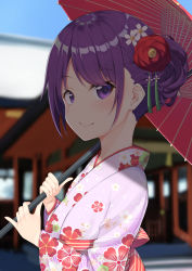 Rule 34 | 1girl, alternate hairstyle, blue sky, blurry, blurry background, building, closed mouth, commentary request, day, depth of field, eyes visible through hair, floral print, flower, from side, gochuumon wa usagi desu ka?, hair bun, hair flower, hair ornament, highres, holding, holding umbrella, japanese clothes, kimono, long sleeves, looking at viewer, looking to the side, mottsun (i 40y), new year, oil-paper umbrella, outdoors, parted bangs, pink kimono, print kimono, purple eyes, purple hair, red flower, red umbrella, single hair bun, sky, smile, solo, tedeza rize, umbrella, upper body, white flower