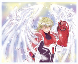 Rule 34 | 10s, 1boy, agachi, ahoge, angel wings, armor, bad id, bad pixiv id, barnaby brooks jr., blonde hair, closed eyes, eyelashes, fantasy, feathers, light particles, male focus, power armor, power suit, solo, sparkle, superhero costume, tiger &amp; bunny, wings