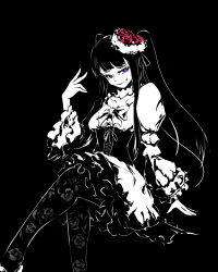 Rule 34 | 1girl, 2023, absurdres, arm support, black background, bow, bowtie, breasts, commentary, commentary request, corset, crossed legs, dress, english commentary, feet out of frame, female focus, flower, flower hair ornament, flower print, furudo erika, grin, head tilt, highres, hollow 555, leggings, long hair, looking at viewer, monochrome, puffy sleeves, purple eyes, rose, shoes, sideways glance, simple background, sitting, small breasts, smile, solo, spot color, twintails, umineko no naku koro ni, v, very long hair