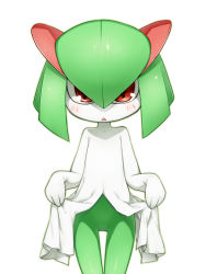 Rule 34 | 1girl, :&lt;, clothes lift, creatures (company), female focus, game freak, gen 3 pokemon, kirlia, nintendo, no pussy, pokemon, pokemon (creature), simple background, skirt, skirt lift, solo, standing, thigh gap, thighs, triangle mouth, tsuki tokage, white background