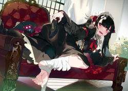 Rule 34 | 1girl, bandages, barefoot, black dress, black hair, blunt bangs, blush, bow, couch, curtains, dress, artistic error, fangs, feet, frilled dress, frills, from side, hair bow, holding, holding shoes, indoors, karei, long hair, long sleeves, looking at viewer, maid, neck ribbon, no shoes, on couch, open mouth, original, red bow, red eyes, red ribbon, ribbon, shoes, soles, twintails, two side up, window, wrong foot