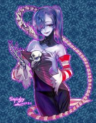 Rule 34 | 1girl, bare shoulders, blue hair, blue skin, breasts, cleavage, colored skin, detached collar, detached sleeves, hair over one eye, highres, leviathan (skullgirls), long hair, long skirt, medium breasts, pigeon666, red eyes, side ponytail, skirt, skull, skullgirls, smile, solo, squigly (skullgirls), stitched mouth, stitches, striped sleeves, undressing, zombie
