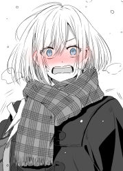 Rule 34 | 1girl, ahoge, bag, blue eyes, blush, check commentary, coat, commentary request, ear blush, embarrassed, eyes visible through hair, full-face blush, highres, holding, holding bag, looking at viewer, monochrome, motion lines, open mouth, original, plaid, plaid scarf, pov, scarf, shiime, snowing, solo, spot color, surprised, upper body, white background