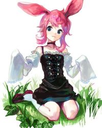 1girl :3 animal_ears blue_eyes rabbit_ears detached_sleeves female_focus nature pink_hair plant sitting sleeves_past_wrists solo taira wariza