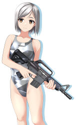 Rule 34 | 1girl, absurdres, ar-15, assault rifle, breasts, brown eyes, camouflage, clothes writing, commentary request, competition swimsuit, feet out of frame, grey hair, grey one-piece swimsuit, gun, highleg, highleg swimsuit, highres, holding, holding gun, holding weapon, one-piece swimsuit, original, rifle, short hair, simple background, small breasts, solo, standing, swimsuit, takafumi, translation request, trigger discipline, variant set, weapon, white background