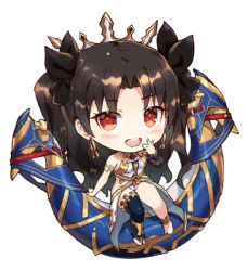 Rule 34 | 2girls, asymmetrical legwear, black bow, black hair, blonde hair, blue thighhighs, blush, bow, chibi, detached sleeves, earrings, fate/grand order, fate (series), gabiran, hair bow, heavenly boat maanna, hoop earrings, ishtar (fate), jewelry, lowres, multiple girls, red bow, red eyes, simple background, single detached sleeve, single thighhigh, smile, thighhighs, tiara, two side up, uneven legwear, weapon, white background