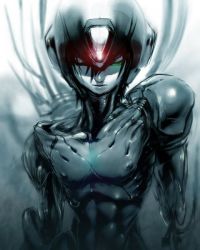 Rule 34 | 1boy, android, bad id, bad pixiv id, bodysuit, cable, capcom, green eyes, helmet, looking at viewer, male focus, mega man (series), x (mega man), mega man x (series), mri, muscular, robot, skin tight, solo, upper body, wire