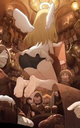 Rule 34 | 1other, absurdres, alcohol, angel, angel wings, animal ears, ass, barefoot, beer, beer mug, blonde hair, broken halo, bulge, crimvael, cup, dress, from behind, halo, highres, ishuzoku reviewers, long hair, menthako, mug, open mouth, soles, toes, white dress, wings