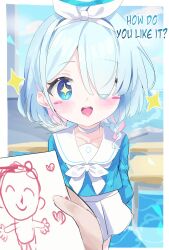 Rule 34 | + +, 1girl, absurdres, doodle sensei (blue archive), arona (blue archive), blue archive, blue eyes, blue hair, blush stickers, drawing, english text, hair over one eye, highres, holding, holding paper, light blue hair, looking at viewer, open mouth, paper, pov, ribbon, sensei (blue archive), wellski