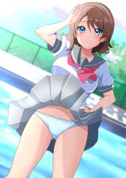 Rule 34 | 1girl, absurdres, blue eyes, blush, breasts, brown hair, commentary request, commission, grey sailor collar, grey skirt, hand on own hip, highres, kisaragi setsu (mssk8485), light blush, looking at viewer, love live!, love live! sunshine!!, medium breasts, necktie, panties, pixiv commission, pleated skirt, pool, red necktie, sailor collar, salute, school uniform, serafuku, shirt, short hair, short sleeves, skirt, smile, solo, underwear, uranohoshi school uniform, watanabe you, white panties, white shirt, wind, wind lift