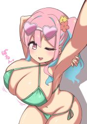 Rule 34 | 1girl, ;d, arm behind head, arms up, bikini, blue hair, blush, breasts, cleavage, flower, green bikini, hair flower, hair ornament, heart, heart-shaped eyewear, highres, hozuki kaede, kyubey (evolloveamazons), large breasts, multicolored hair, one eye closed, onii-chan wa oshimai!, open mouth, pink eyes, pink hair, ponytail, selfie, smile, solo, swimsuit, translation request, two-tone hair, white background