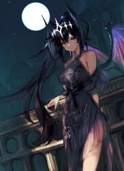 Rule 34 | 1girl, absurdres, balcony, bare shoulders, black hair, breasts, cup, dragon, dragon girl, dragon horns, dragon tail, dragon wings, dress, drinking glass, full moon, garuku, glass, highres, horns, indie virtual youtuber, jewelry, kimochi (vtuber), large breasts, long hair, looking at viewer, medium breasts, monster girl, moon, multicolored hair, necklace, night, see-through, sleeveless, solo, standing, star (sky), tail, virtual youtuber, wine glass, wings, yellow eyes
