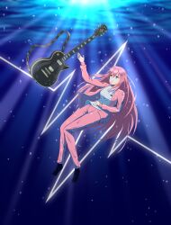Rule 34 | 1girl, absurdres, air bubble, blue eyes, bocchi the rock!, breasts, bubble, cube hair ornament, gotoh hitori, guitar, hair ornament, highres, instrument, jacket, long hair, pants, pink hair, shirt, socks, submerged, underwater
