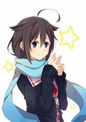 Rule 34 | 10s, 1girl, ahoge, blue eyes, blue scarf, brown hair, hair flaps, kantai collection, looking at viewer, scarf, shigure (kancolle), shigure kai ni (kancolle), sleeves past wrists, smile, solo, star (symbol), steepled fingers, white background, yukichi (eikichi)