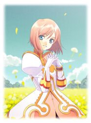 Rule 34 | 1girl, blue eyes, blurry, blurry background, bob cut, breasts, cowboy shot, estellise sidos heurassein, falling petals, flower, gloves, gold trim, hair between eyes, highres, interlocked fingers, juliet sleeves, long sleeves, looking at viewer, medium breasts, outdoors, own hands together, parted lips, petals, pink hair, puffy sleeves, short hair, smile, solo, tales of (series), tales of vesperia, tomaty., vignetting, white gloves, yellow flower