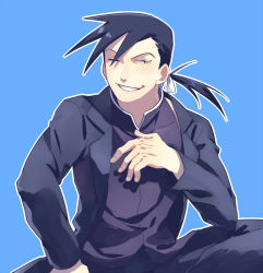Rule 34 | 1boy, bad id, bad pixiv id, black hair, blue background, collared shirt, fingerless gloves, formal, fullmetal alchemist, gloves, gotnojob, greed (fma), grin, happy, ling yao, long hair, long sleeves, looking at viewer, male focus, one eye closed, pants, parted lips, ponytail, shirt, simple background, sitting, smile, solo, suit, teeth, wink