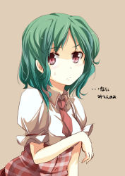 Rule 34 | 1girl, adapted costume, aoi kujira, blush, brown background, embarrassed, female focus, frown, green hair, kazami yuuka, necktie, plaid, red eyes, red necktie, short hair, short sleeves, simple background, solo, sweatdrop, touhou, translated, waitress