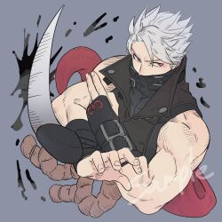Rule 34 | 1boy, arm blade, bare shoulders, chipp zanuff, grey background, grey hair, guilty gear, guilty gear strive, hand gesture, highres, looking at viewer, luci omi gusu, male focus, muscular, muscular male, red eyes, shirt, simple background, sleeveless, sleeveless shirt, weapon