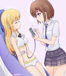 Rule 34 | 2girls, absurdres, android, barcode, blonde hair, blue eyes, breasts, brown hair, cable, cellphone, charging device, closed eyes, extreme hearts, hayama hiyori, highres, humanoid robot, long hair, looking at phone, mechanical parts, medium breasts, micro shorts, midriff, multiple girls, navel, necktie, nono (extreme hearts), phone, rasen manga, robot, robot girl, school uniform, shirt, short hair, shorts, skirt, small breasts, smartphone, smile, sports bra, sportswear, tag, thighs, white shirt