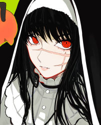 Rule 34 | 1girl, absurdres, bead necklace, beads, black hair, chainsaw man, cross scar, facial scar, head out of frame, highres, jewelry, long hair, looking at viewer, necklace, nun, pochita (chainsaw man), red eyes, ringed eyes, sailen0, scar, scar on cheek, scar on face, simple background, solo focus, traditional nun, yellow background, yoru (chainsaw man)